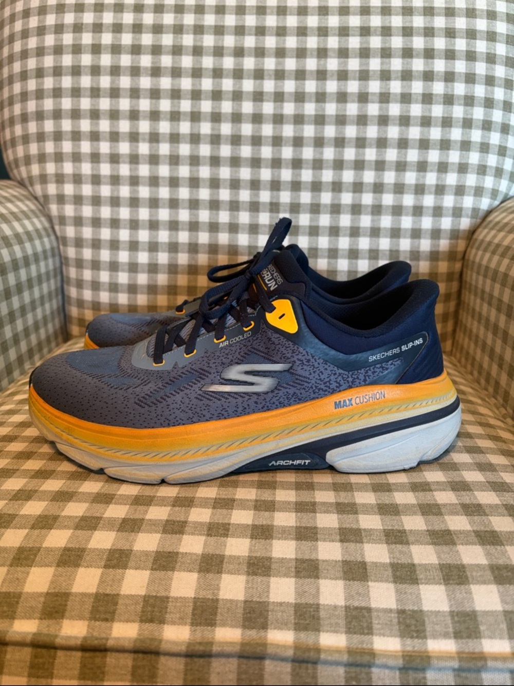Skechers Navy Blue and Yellow Max Cushion Athletic Shoes
